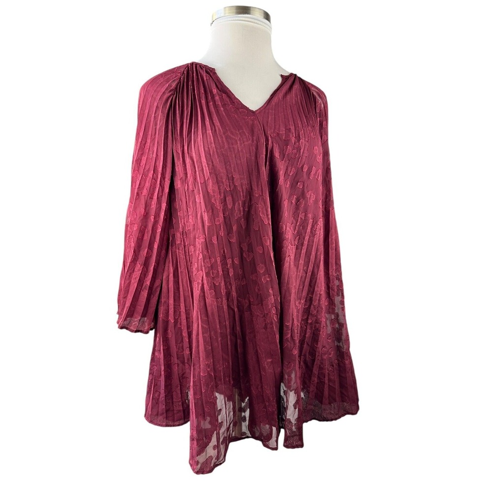 by Anthropologie Toulon Pleated Mini Dress Boho Burgundy Maroon XS Fall Autumn - Picture 12 of 12